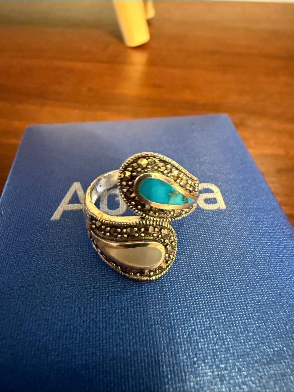Sterling Silver Teardrop Bypass Ring with Turquoise and Mother of Pearl